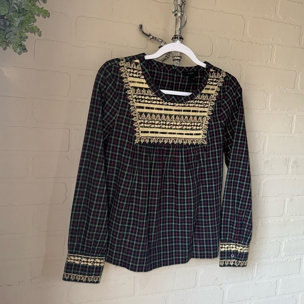 J.Crew Women's Plaid Gold Embroidered Peasant Woven Top XS NEW H3478 Holiday - Picture 2 of 9